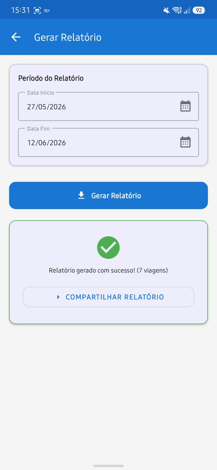Tela de Gerar Relatório no Rovix — exportação de dados de quilometragem